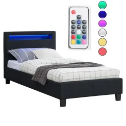 Idimex Lit LED simple MOLINA 90x190 cm, avec sommier, revêtement tissu noir