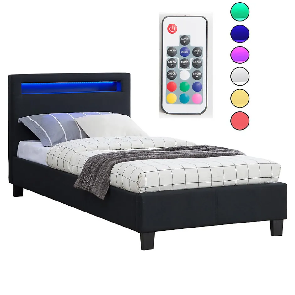 Idimex Lit LED simple MOLINA 90x190 cm, avec sommier, revêtement tissu noir