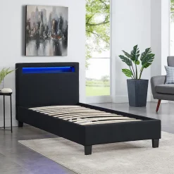 Idimex Lit LED simple MOLINA 90x190 cm, avec sommier, revêtement tissu noir