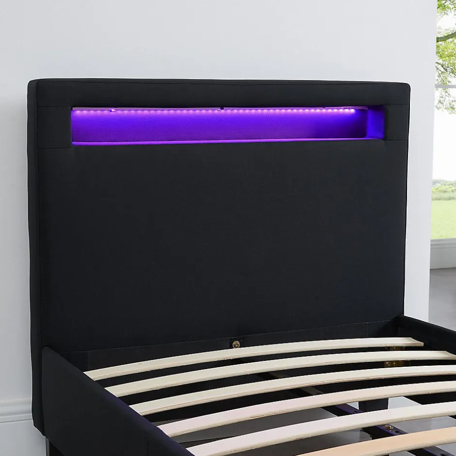 Idimex Lit LED simple MOLINA 90x190 cm, avec sommier, revêtement tissu noir