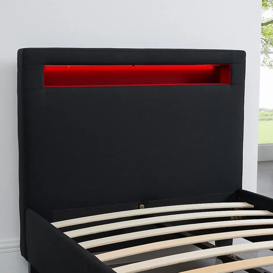 Idimex Lit LED simple MOLINA 90x190 cm, avec sommier, revêtement tissu noir