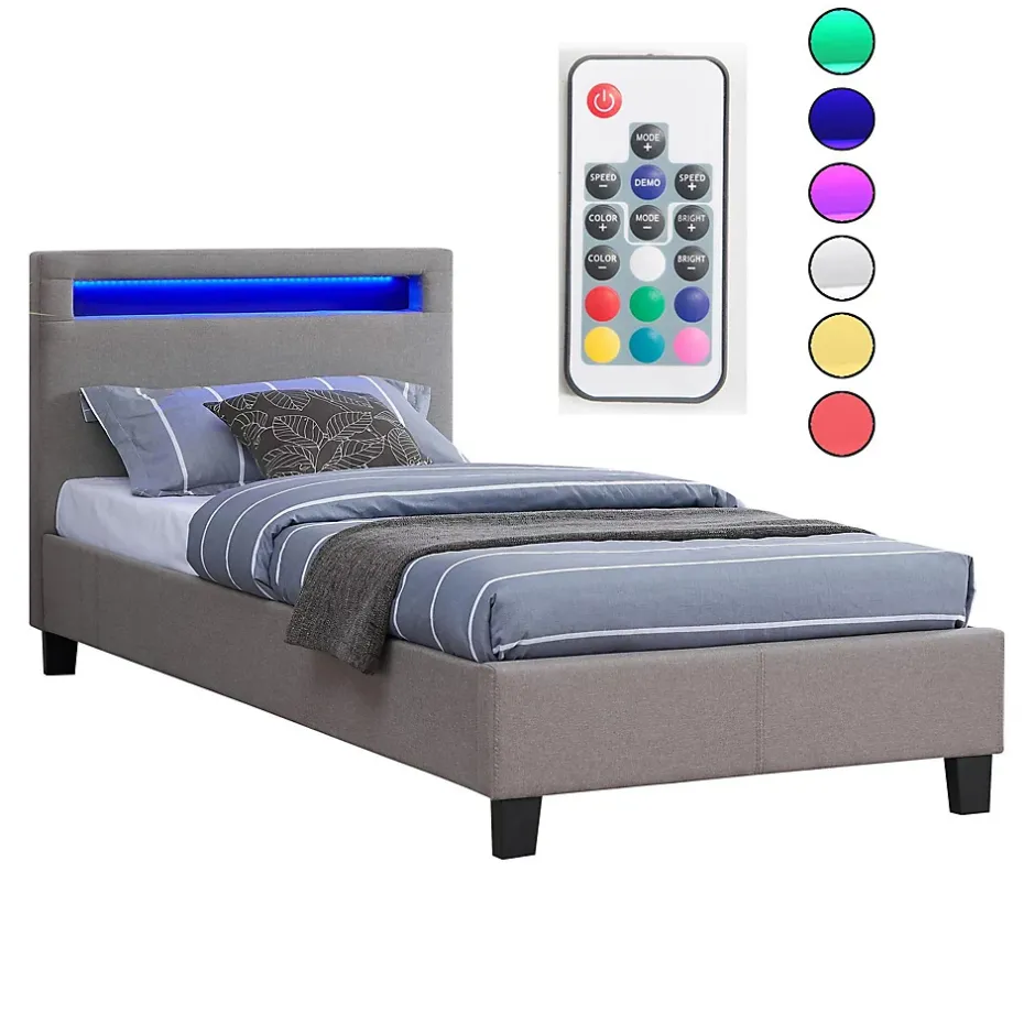 Idimex Lit LED simple MOLINA 90x190 cm, avec sommier, revêtement tissu gris Sale