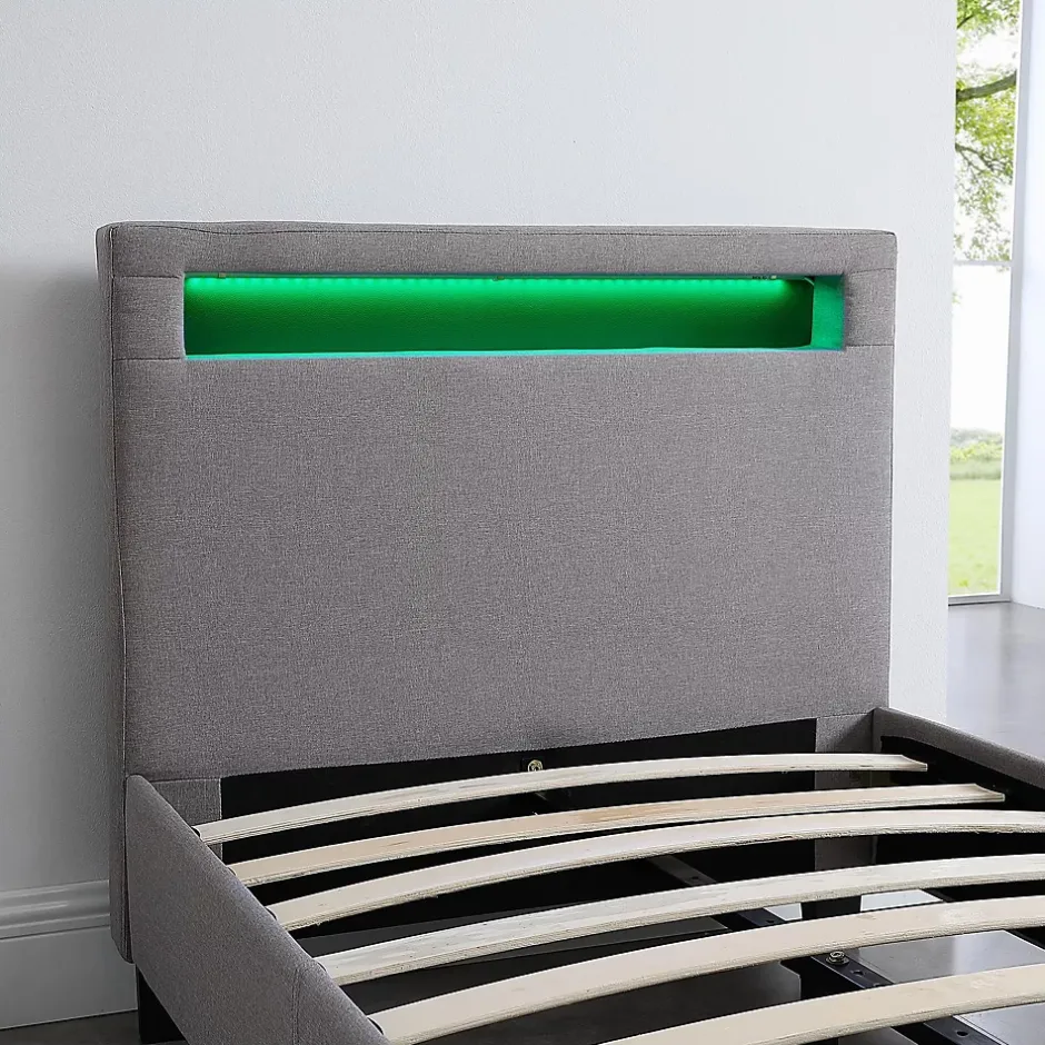 Idimex Lit LED simple MOLINA 90x190 cm, avec sommier, revêtement tissu gris Sale