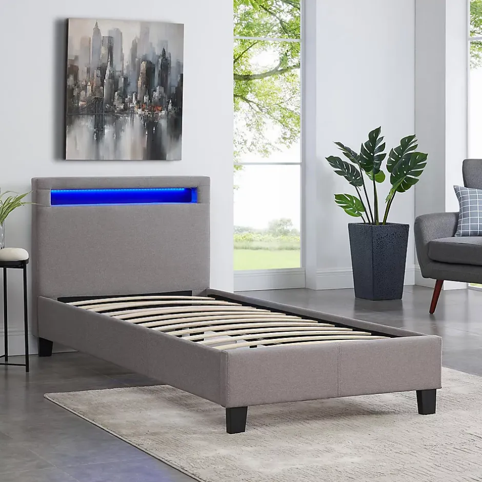 Idimex Lit LED simple MOLINA 90x190 cm, avec sommier, revêtement tissu gris Sale