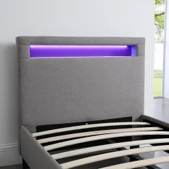 Idimex Lit LED simple MOLINA 90x190 cm, avec sommier, revêtement tissu gris Sale