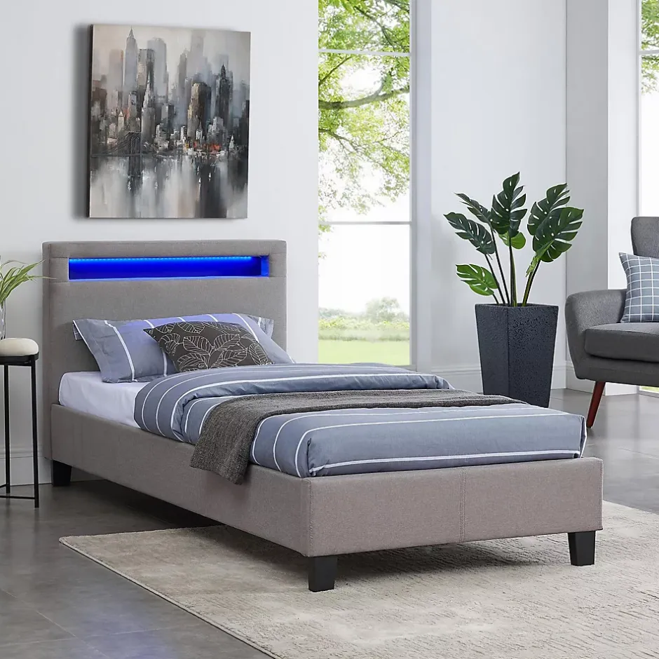 Idimex Lit LED simple MOLINA 90x190 cm, avec sommier, revêtement tissu gris Sale