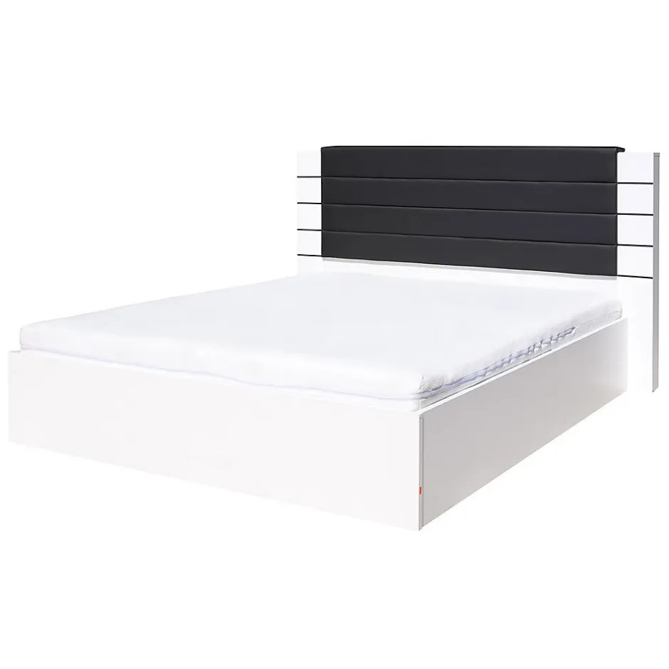 Meublorama Lit LINA blanc et noir brillant 180 cm avec sommier et tete de lit en simili cuir noir Best