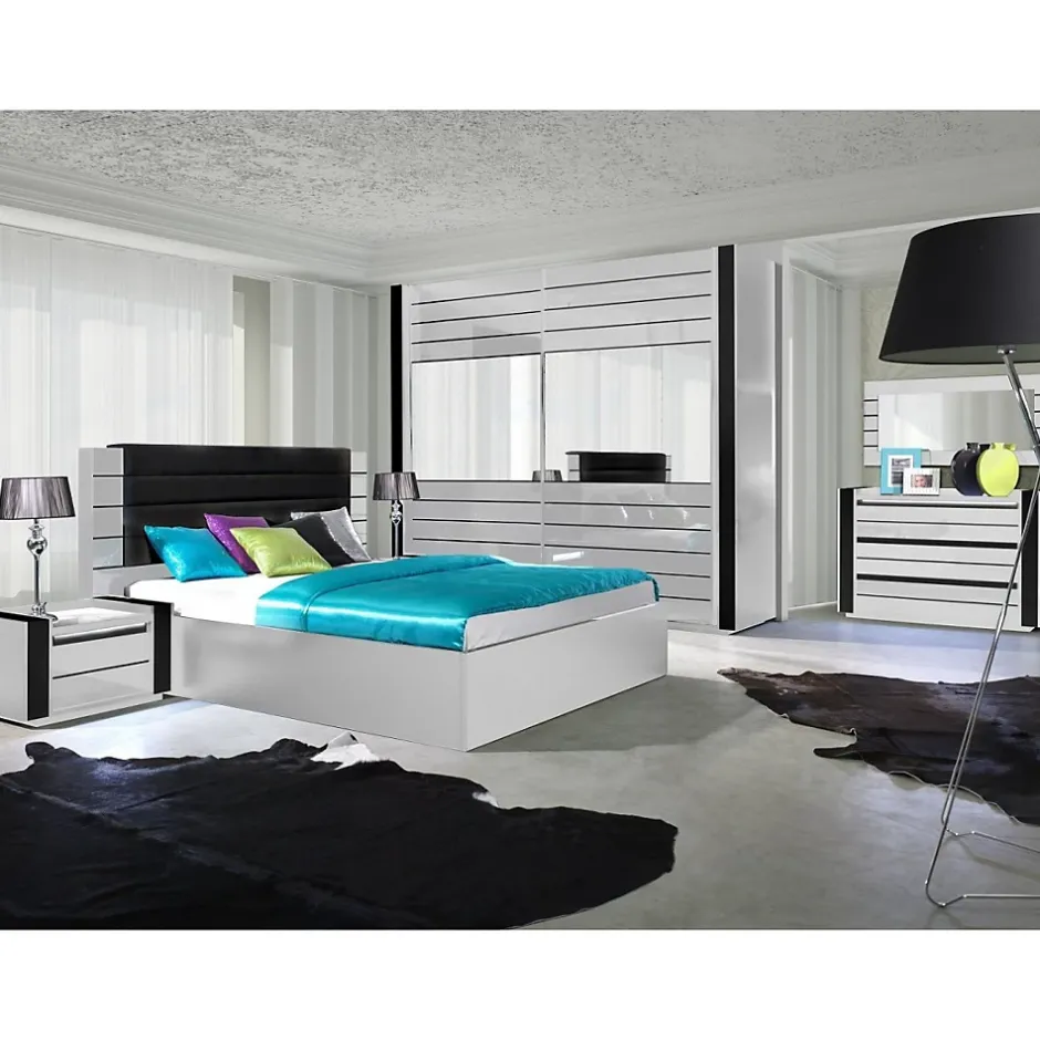 Meublorama Lit LINA blanc et noir brillant 180 cm avec sommier et tete de lit en simili cuir noir Best