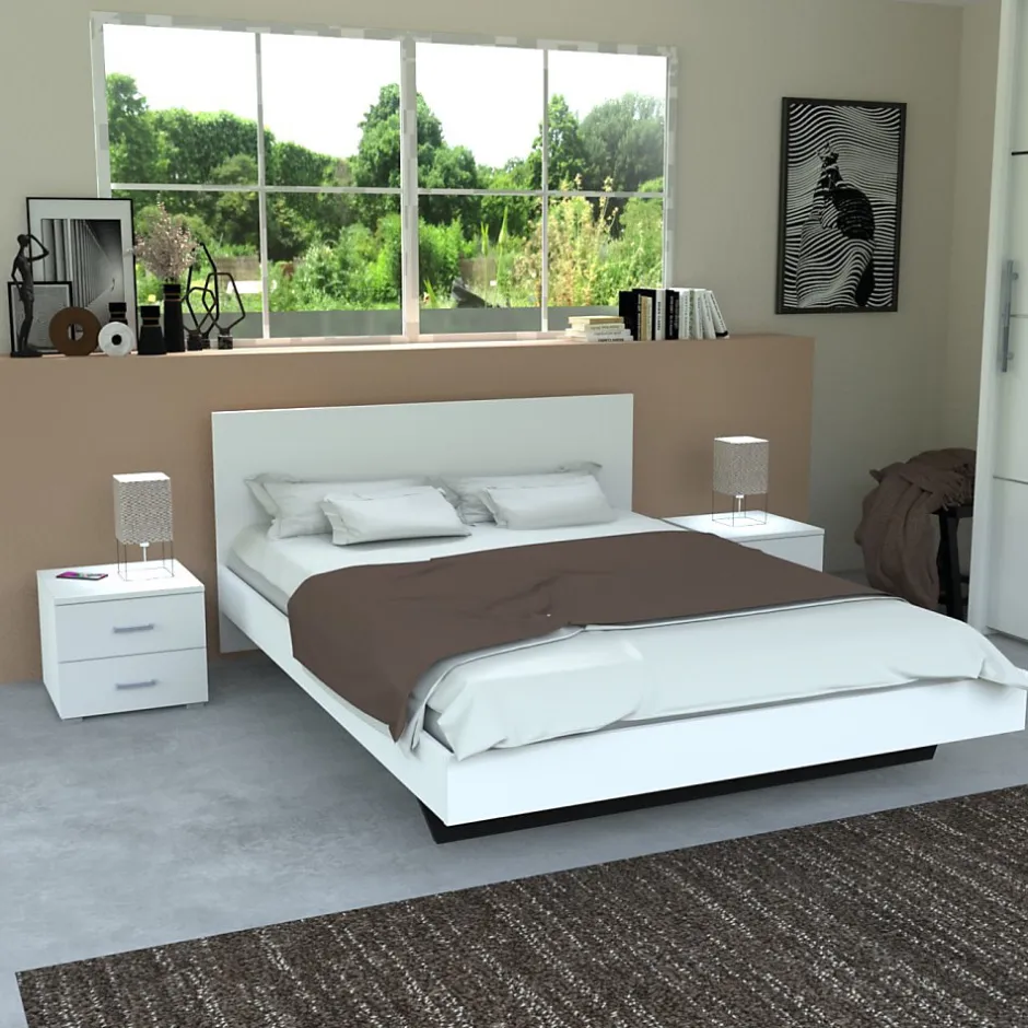 Weber Industries Lit LOFT 140x190 + 2 chevets + sommier + tête de lit / Blanc Best