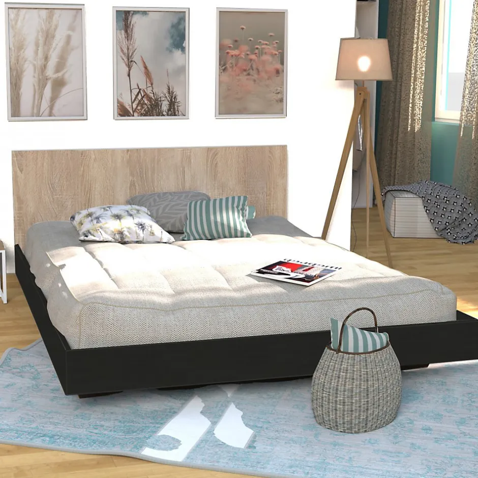 Weber Industries Lit LOFT 160x200 + 1 sommier + tête de lit / Décor Noir & chêne blanchi