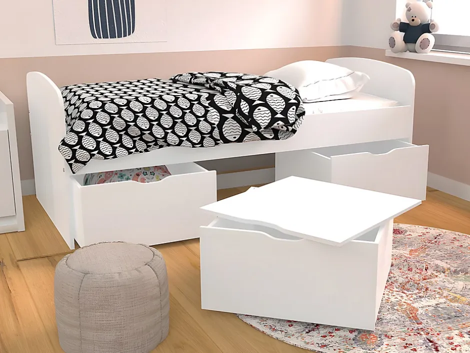 Vente-unique Lit LOUANE avec 2 tiroirs et 1 coffre de rangement - 90 x 190 cm - Blanc Outlet