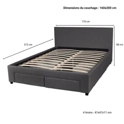 Weber Industries Lit LUGANO 160x200 + 1 sommier + 4 tiroirs / Gris foncé