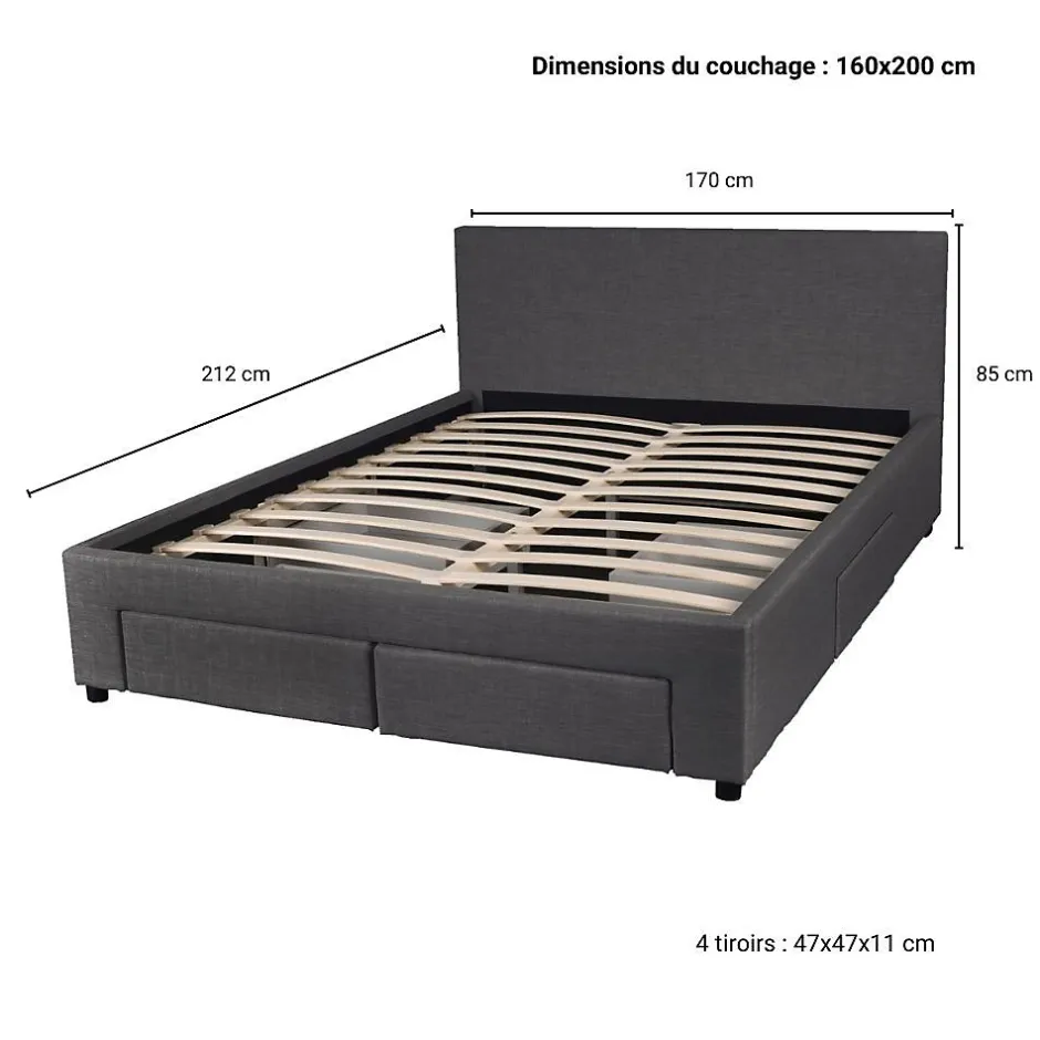 Weber Industries Lit LUGANO 160x200 + 1 sommier + 4 tiroirs / Gris foncé