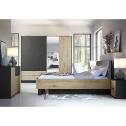 Meublorama Lit MELODY 160x200 cm Tete de lit rembourrée Noir graphite et chene clair Sommier et matelas non inclus Hot