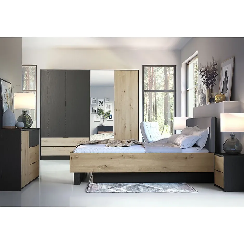 Meublorama Lit MELODY 160x200 cm Tete de lit rembourrée Noir graphite et chene clair Sommier et matelas non inclus Hot