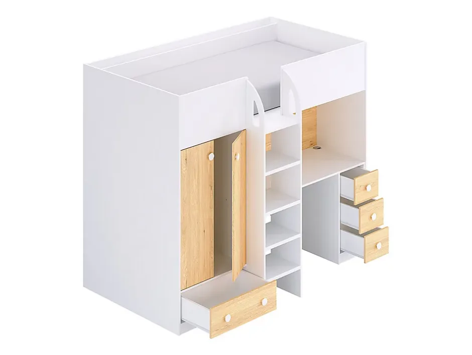 Vente-unique Lit mezzanine 90 x 190 cm avec armoire et bureau - Blanc et naturel - CINAMO Online