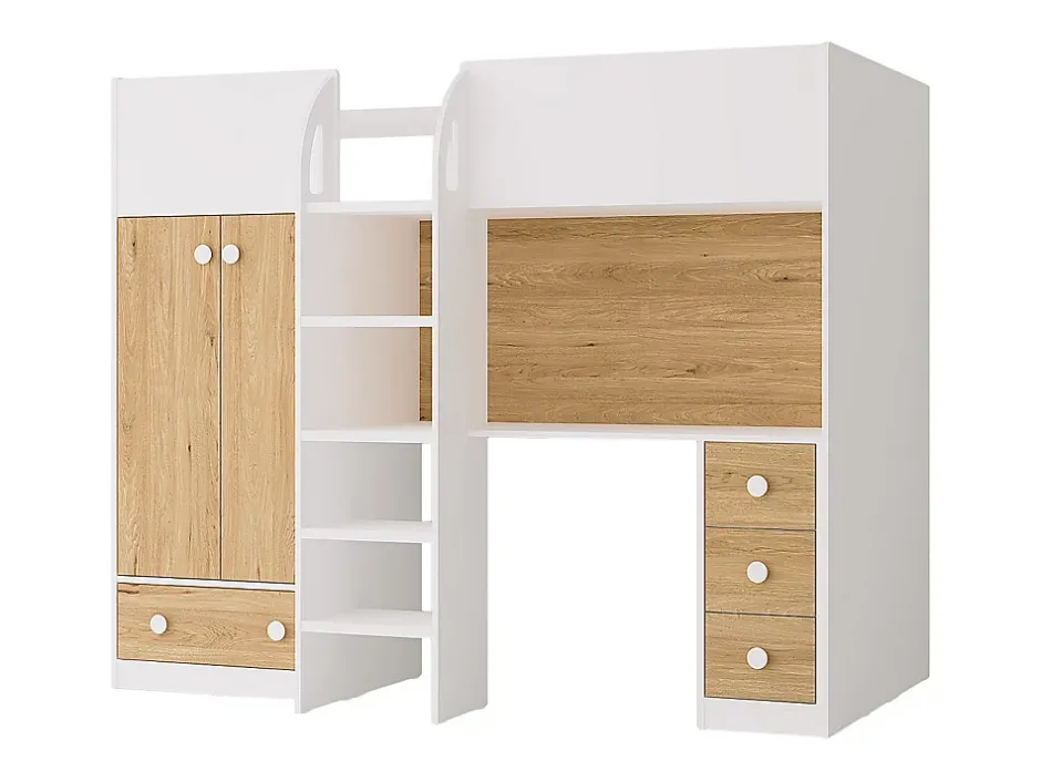 Vente-unique Lit mezzanine 90 x 190 cm avec armoire et bureau - Blanc et naturel - CINAMO Online