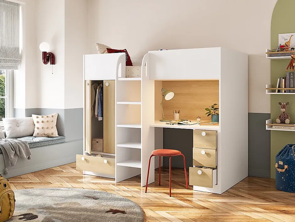 Vente-unique Lit mezzanine 90 x 190 cm avec armoire et bureau - Blanc et naturel - CINAMO Online