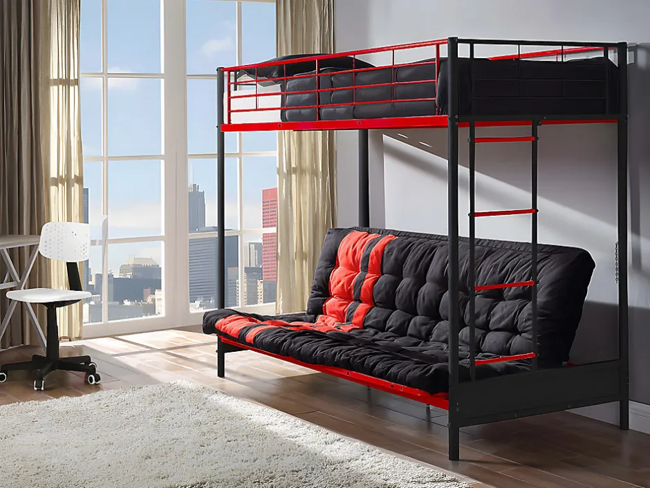 Vente-unique Lit mezzanine 90 x 190 cm - Avec banquette convertible - Métal - Noir et Rouge + Futon + Matelas - MODULO V