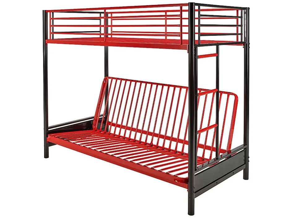 Vente-unique Lit mezzanine 90 x 190 cm - Avec banquette convertible - Métal - Noir et Rouge + Futon + Matelas - MODULO V