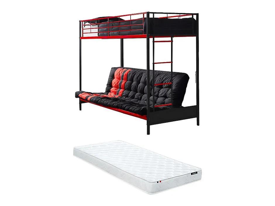 Vente-unique Lit mezzanine 90 x 190 cm - Avec banquette convertible - Métal - Noir et Rouge + Futon + Matelas - MODULO V