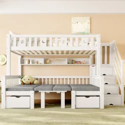 Okwish Lit Mezzanine 90 x 200 cm - avec Bureau et Lit Supplémentaire 2-en-1, Échelle de Rangement - Pin et MDF - Sans Matelas - Blanc