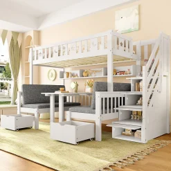 Okwish Lit Mezzanine 90 x 200 cm - avec Bureau et Lit Supplémentaire 2-en-1, Échelle de Rangement - Pin et MDF - Sans Matelas - Blanc