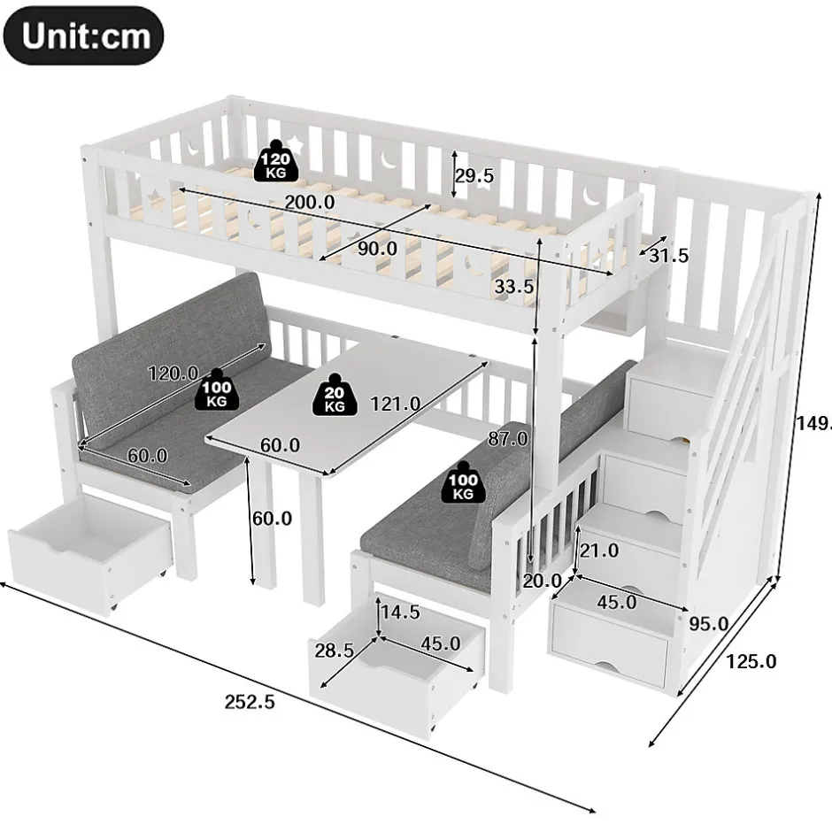 Okwish Lit Mezzanine 90 x 200 cm - avec Bureau et Lit Supplémentaire 2-en-1, Échelle de Rangement - Pin et MDF - Sans Matelas - Blanc