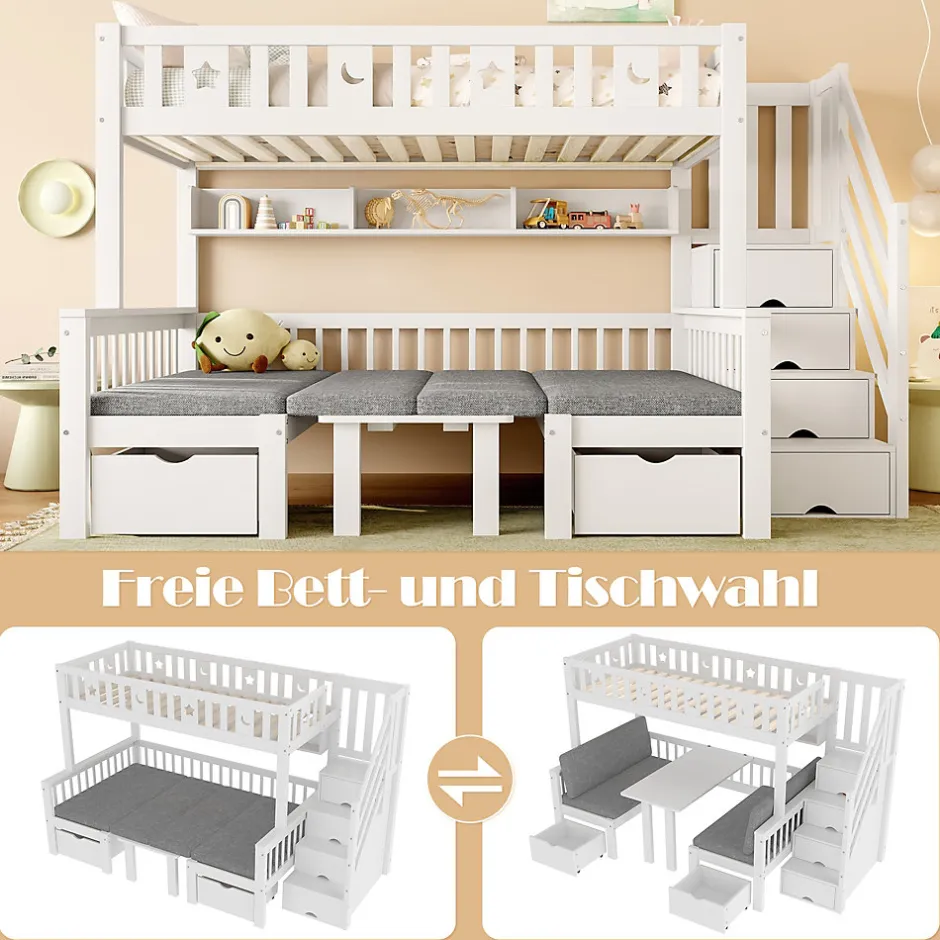 Okwish Lit Mezzanine 90 x 200 cm - avec Bureau et Lit Supplémentaire 2-en-1, Échelle de Rangement - Pin et MDF - Sans Matelas - Blanc