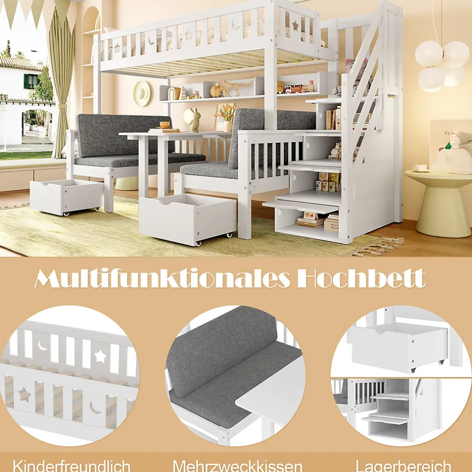 Okwish Lit Mezzanine 90 x 200 cm - avec Bureau et Lit Supplémentaire 2-en-1, Échelle de Rangement - Pin et MDF - Sans Matelas - Blanc