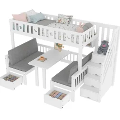 Okwish Lit Mezzanine 90 x 200 cm - avec Bureau et Lit Supplémentaire 2-en-1, Échelle de Rangement - Pin et MDF - Sans Matelas - Blanc
