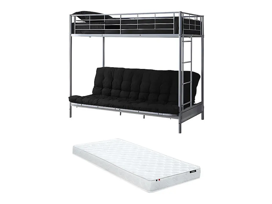 Vente-unique Lit mezzanine 90 x 190 cm - Avec banquette convertible - Métal - Argent + Futon + Matelas - MODULO V Sale
