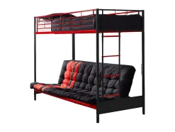 Vente-unique Lit mezzanine 90 x 190 cm - Avec banquette convertible - Métal - Noir et rouge + Futon - MODULO V