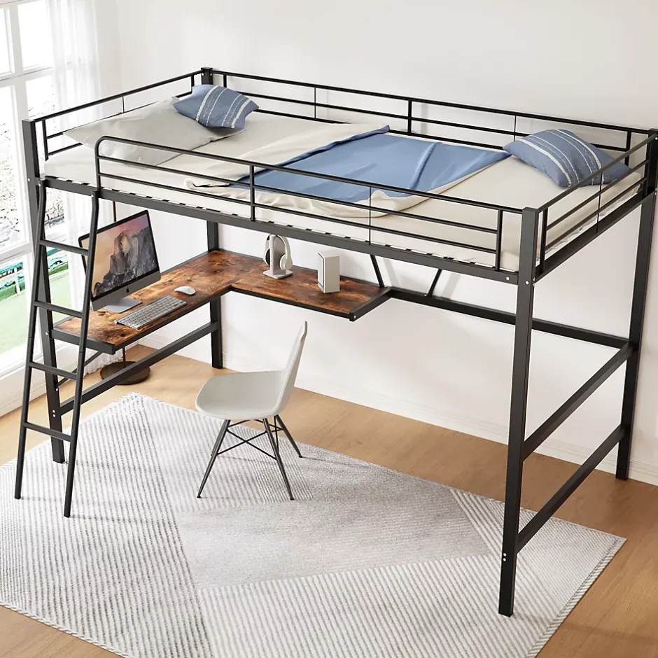 Okwish Lit Mezzanine 90 x 200 cm - Lit Simple avec Bureau en L et Étagère - Métal + MDF - Sans Matelas - Noir Clearance