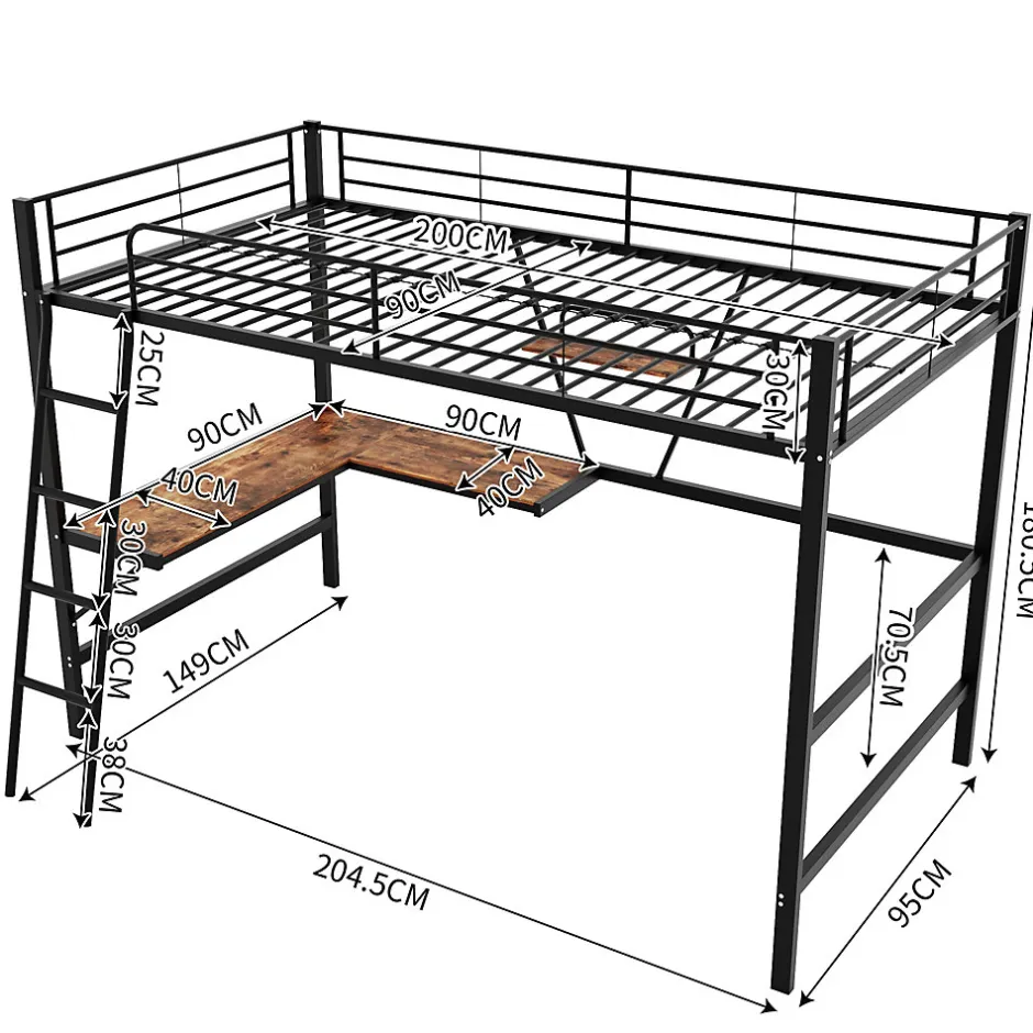 Okwish Lit Mezzanine 90 x 200 cm - Lit Simple avec Bureau en L et Étagère - Métal + MDF - Sans Matelas - Noir Clearance
