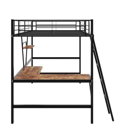 Okwish Lit Mezzanine 90 x 200 cm - Lit Simple avec Bureau en L et Étagère - Métal + MDF - Sans Matelas - Noir Clearance
