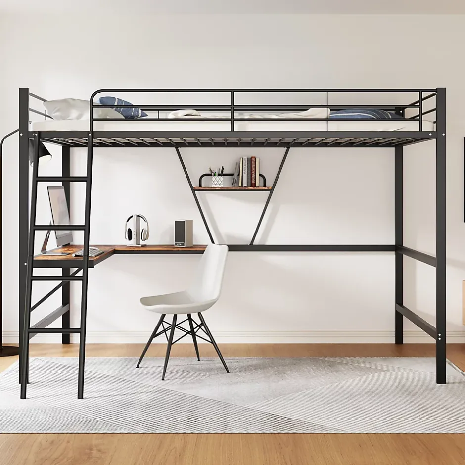 Okwish Lit Mezzanine 90 x 200 cm - Lit Simple avec Bureau en L et Étagère - Métal + MDF - Sans Matelas - Noir Clearance