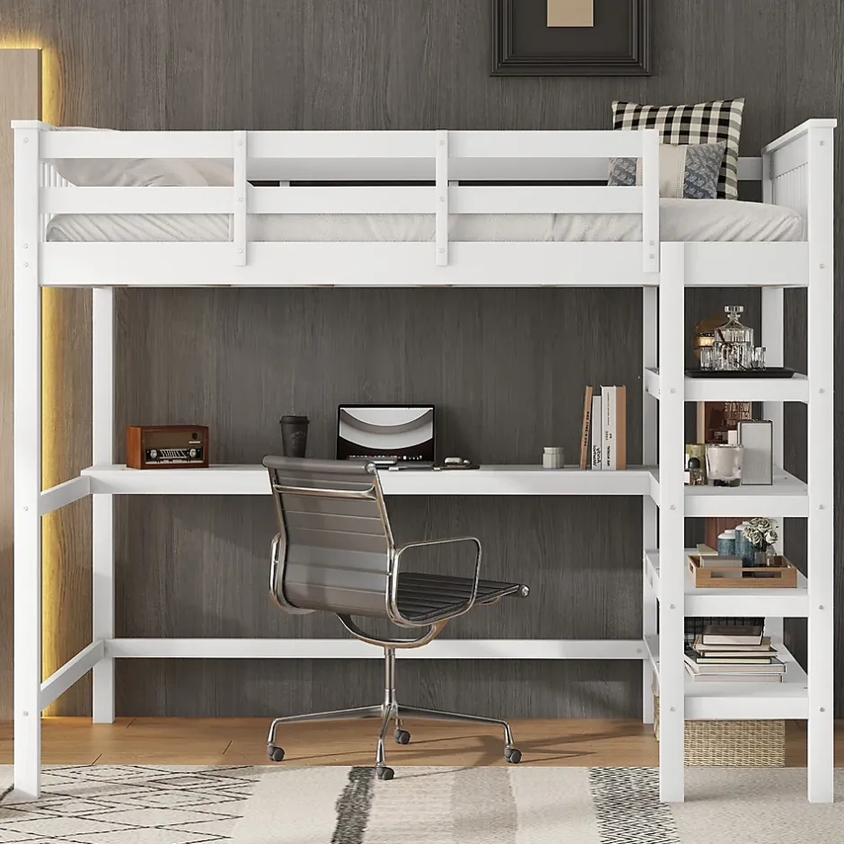 Okwish Lit Mezzanine 140 x 200 cm - Lit enfant avec Bureau et Rangements - Pin + MDF - Sans Matelas - Blanc