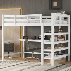 Okwish Lit Mezzanine 140 x 200 cm - Lit enfant avec Bureau et Rangements - Pin + MDF - Sans Matelas - Blanc
