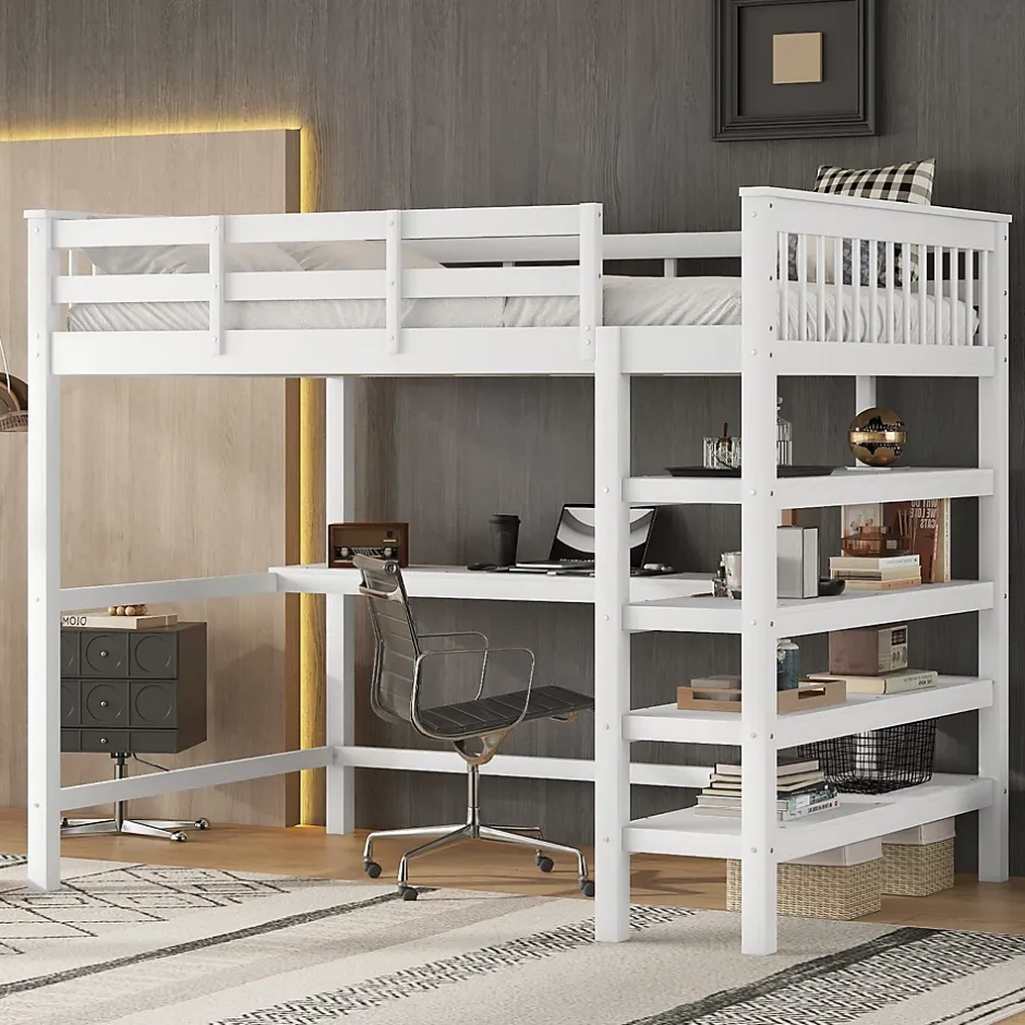 Okwish Lit Mezzanine 140 x 200 cm - Lit enfant avec Bureau et Rangements - Pin + MDF - Sans Matelas - Blanc