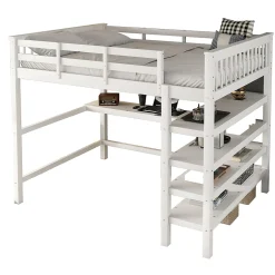 Okwish Lit Mezzanine 140 x 200 cm - Lit enfant avec Bureau et Rangements - Pin + MDF - Sans Matelas - Blanc