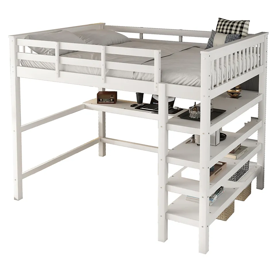Okwish Lit Mezzanine 140 x 200 cm - Lit enfant avec Bureau et Rangements - Pin + MDF - Sans Matelas - Blanc