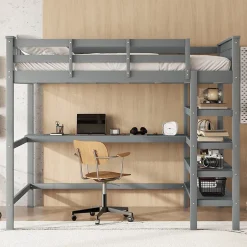 Okwish Lit Mezzanine 140 x 200 cm - Lit enfant avec Bureau et Rangements - Pin + MDF - Sans Matelas - Gris Clearance