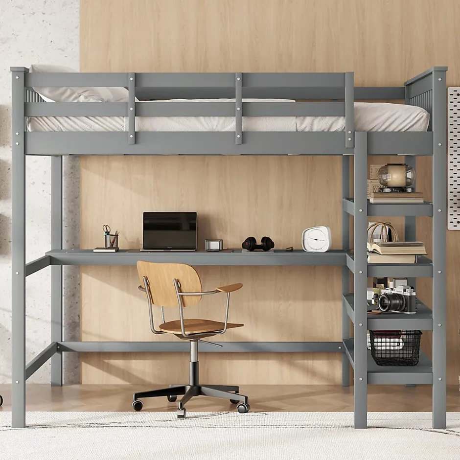 Okwish Lit Mezzanine 140 x 200 cm - Lit enfant avec Bureau et Rangements - Pin + MDF - Sans Matelas - Gris Clearance