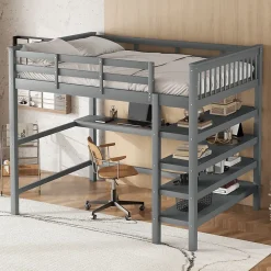 Okwish Lit Mezzanine 140 x 200 cm - Lit enfant avec Bureau et Rangements - Pin + MDF - Sans Matelas - Gris Clearance
