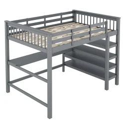 Okwish Lit Mezzanine 140 x 200 cm - Lit enfant avec Bureau et Rangements - Pin + MDF - Sans Matelas - Gris Clearance