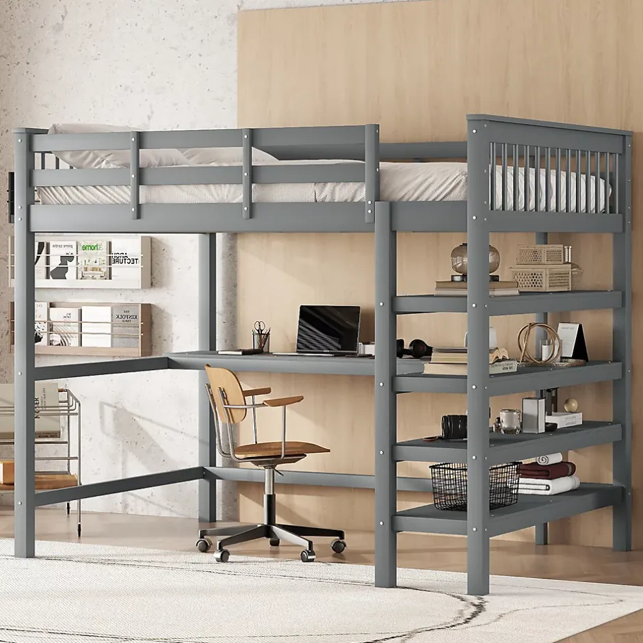 Okwish Lit Mezzanine 140 x 200 cm - Lit enfant avec Bureau et Rangements - Pin + MDF - Sans Matelas - Gris Clearance