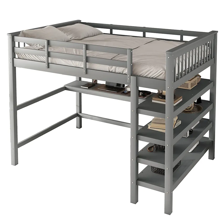 Okwish Lit Mezzanine 140 x 200 cm - Lit enfant avec Bureau et Rangements - Pin + MDF - Sans Matelas - Gris Clearance