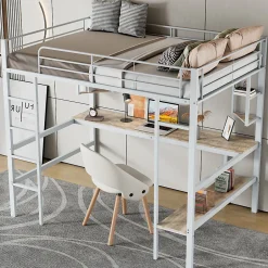 Okwish Lit Mezzanine 90 x 200 cm - Lit avec Bureau et Étagères - Métal + MDF - Sans Matelas - Blanc