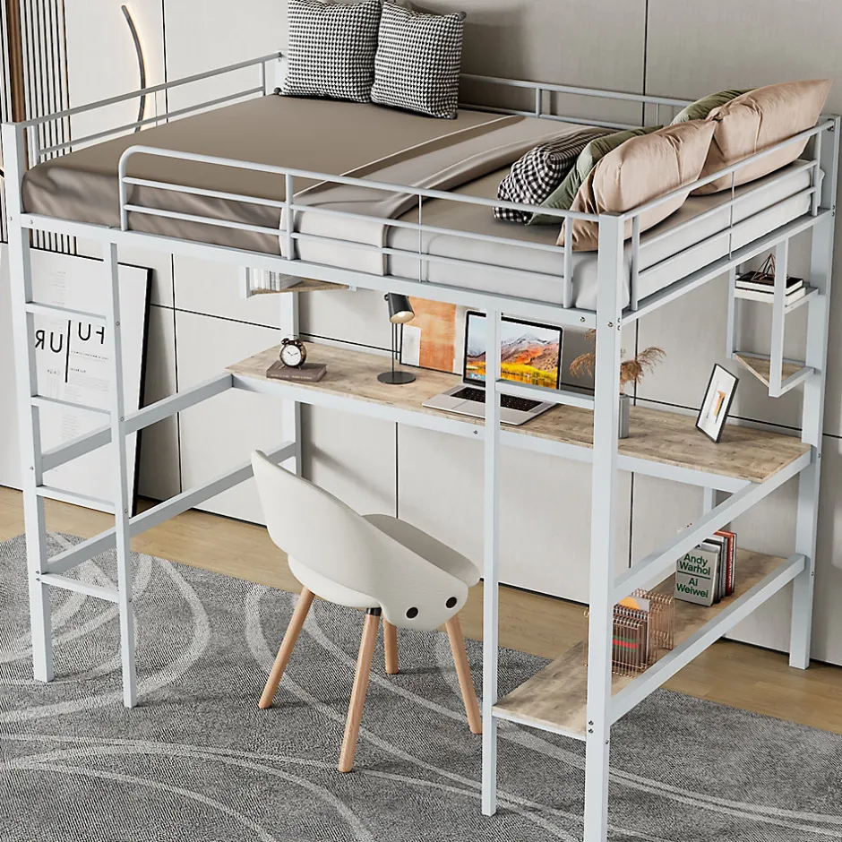Okwish Lit Mezzanine 90 x 200 cm - Lit avec Bureau et Étagères - Métal + MDF - Sans Matelas - Blanc